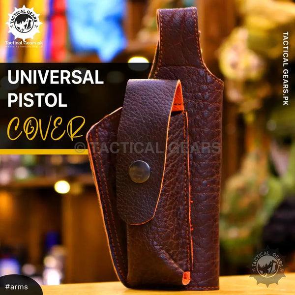 Dark brown leather universal cover for pistols with orange interior lining