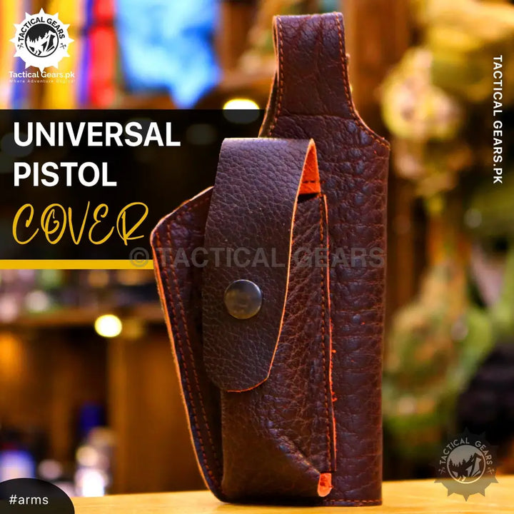 Dark brown leather universal cover for pistols with orange interior lining