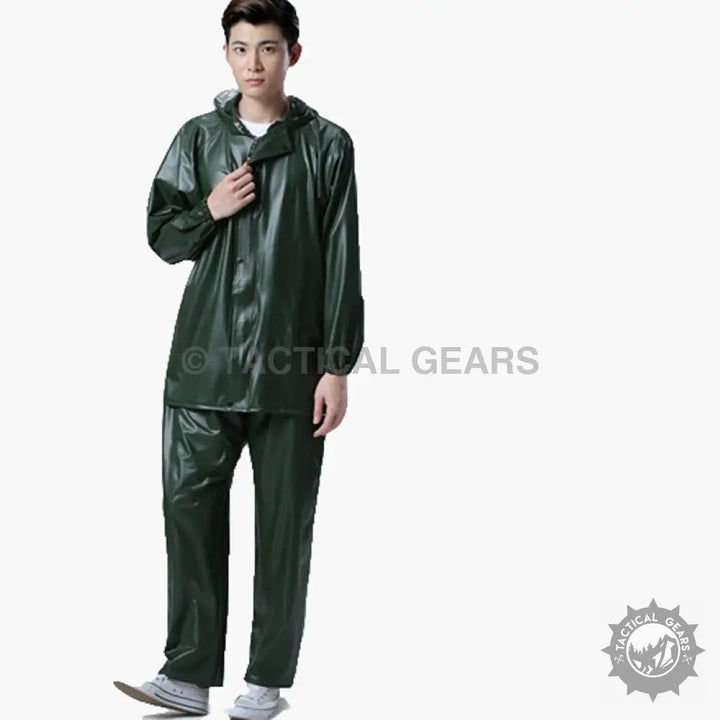 Dark green waterproof dry rainsuit with hood from Total Dry Rainsuit Parachute collection