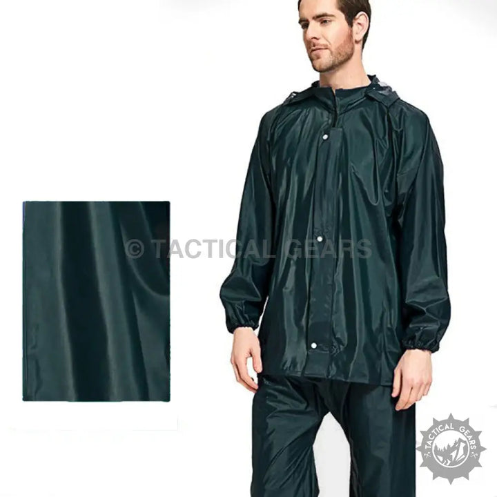 Dark green waterproof dry rainsuit with hooded jacket and pants, Total Dry Rainsuit