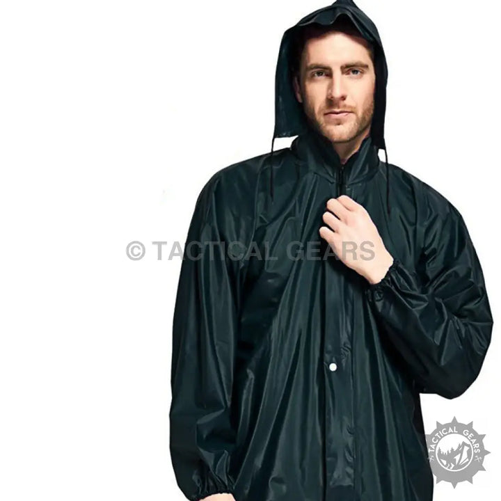 Dark-colored hooded dry rainsuit with front closure from Total Dry Rainsuit Parachute line