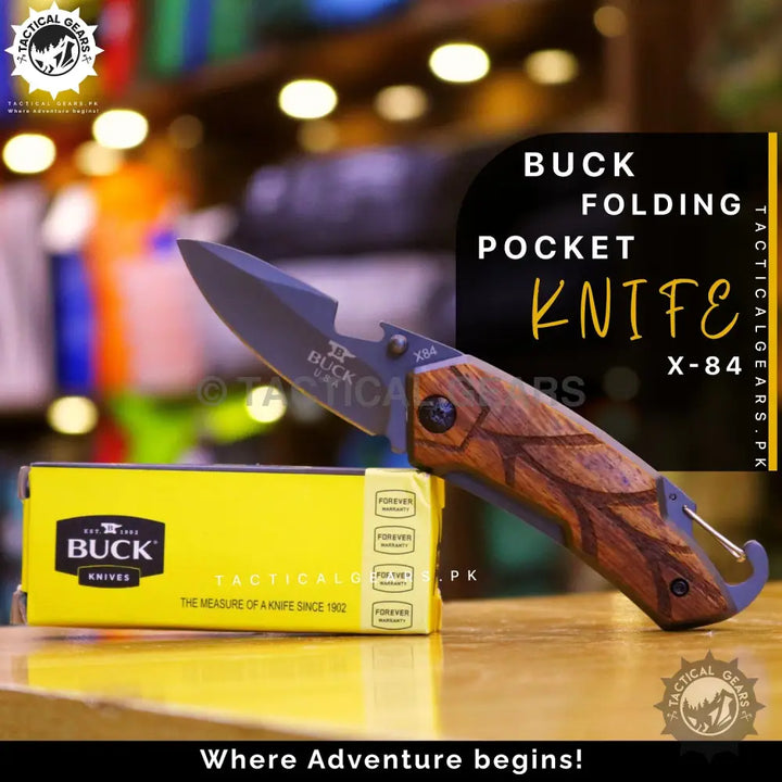 Pocket Folding Knife Buck x84 with dark blade and wooden handle, compact length for easy carry