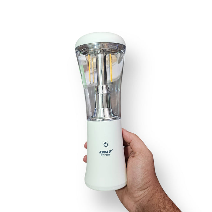 Portable rechargeable blender with clear top and white base for on-the-go drinks, dat rechargeable lantern style