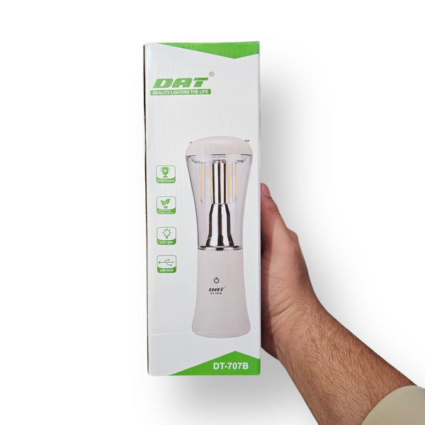 White portable LED lamp with clear top and silver accents for Dat Rechargeable Lantern