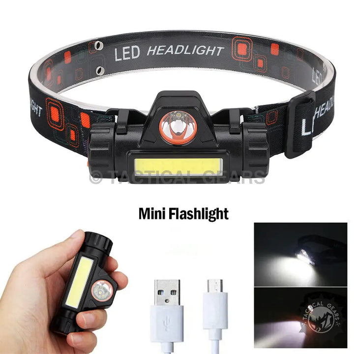 Black LED headlamp with detachable magnetic design, mini flashlight, and charging cables