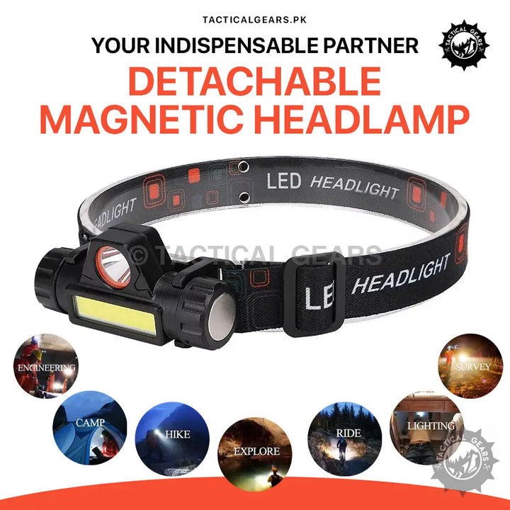 Black LED Headlamp with Detachable Magnetic Light and Adjustable Strap