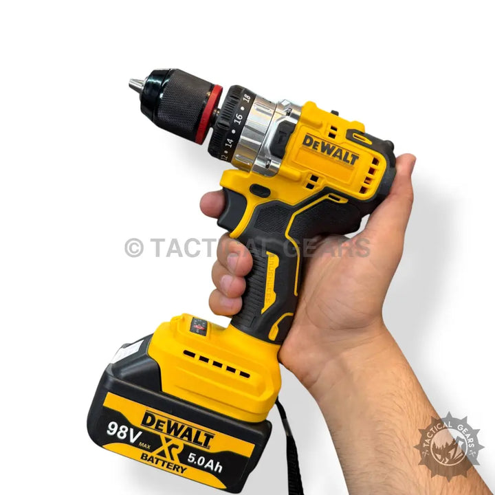 Yellow and black cordless DeWalt drill with 98V 5.0Ah battery in DeWalt complete tools set