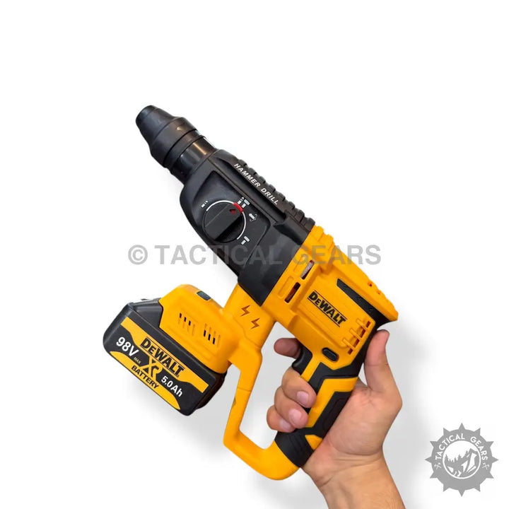 Yellow and black cordless rotary hammer drill from DeWalt complete tools set with battery