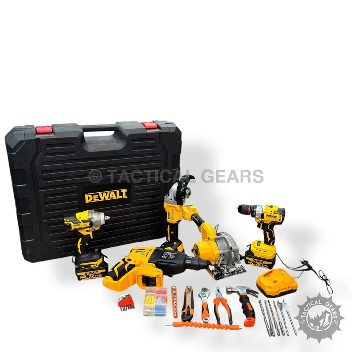 DeWalt complete tools set with cordless drill, grinder, circular saw, batteries, and case
