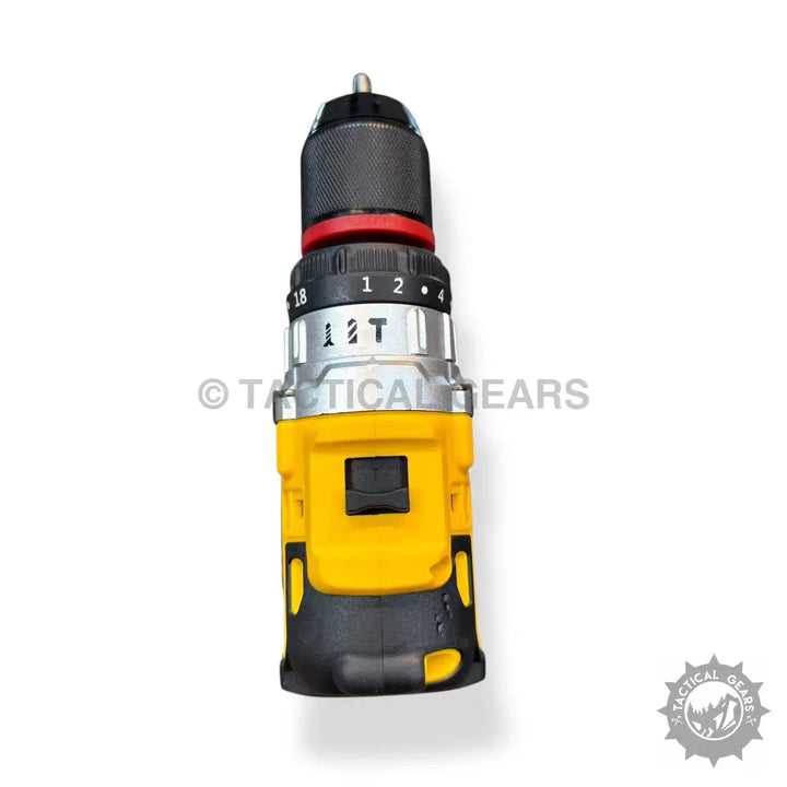 Yellow and black cordless drill with metal chuck from DeWalt complete tools set