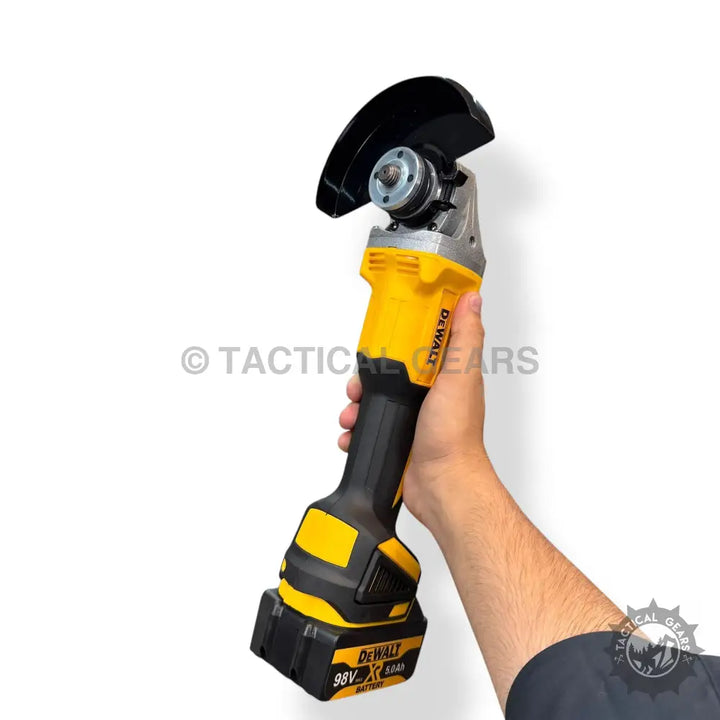 Yellow and black cordless angle grinder with battery pack from DeWalt complete tools set