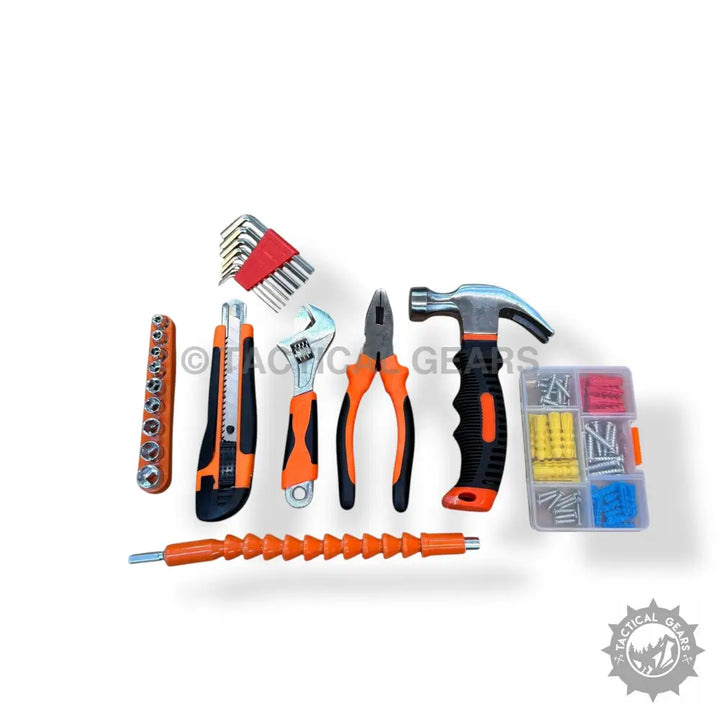DeWalt complete tools set with orange and black-handled tools including a drill and fasteners