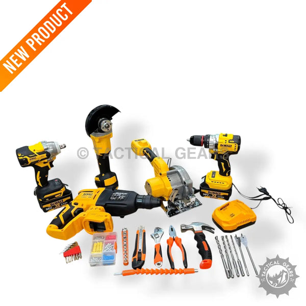 DeWalt complete tools set with yellow and black power tools and hand tools for DIY projects