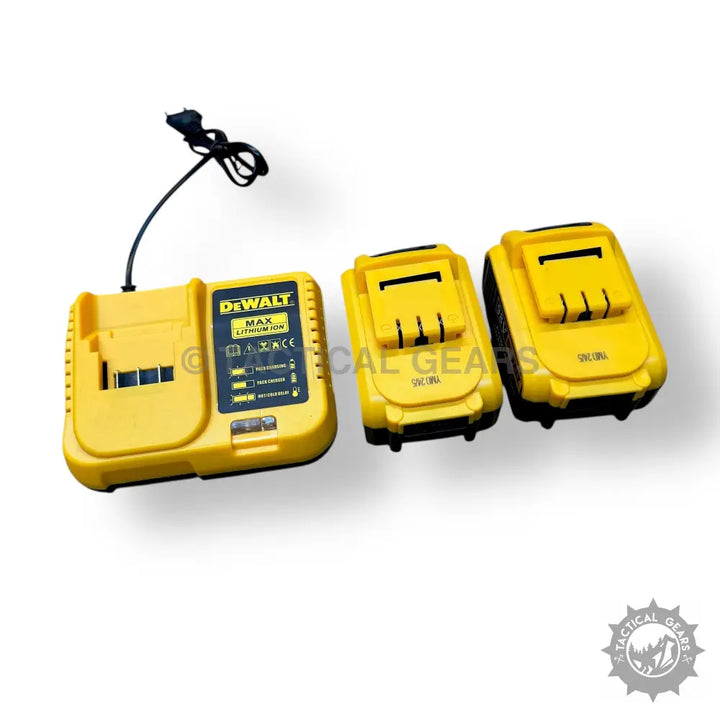 Bright yellow Dewalt portable rechargeable pressure washer charger with two batteries