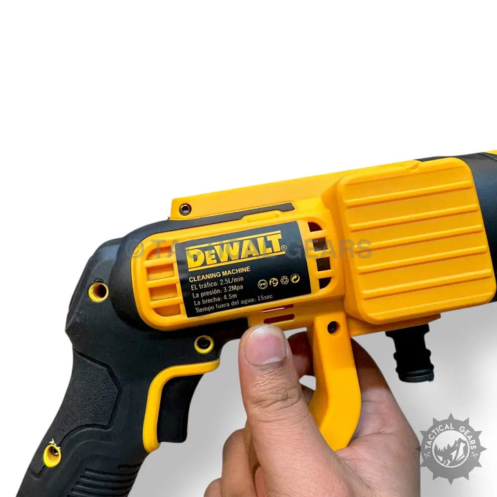 Yellow and black Dewalt portable rechargeable pressure washer kit in handheld design