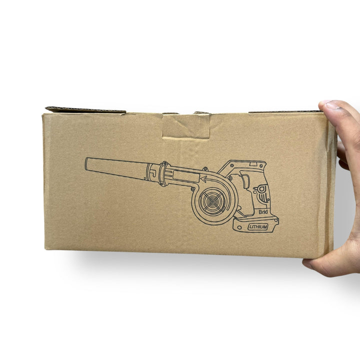 Cardboard box with outline drawing of DeWalt Rechargeable Air Blower for efficient leaf blowing