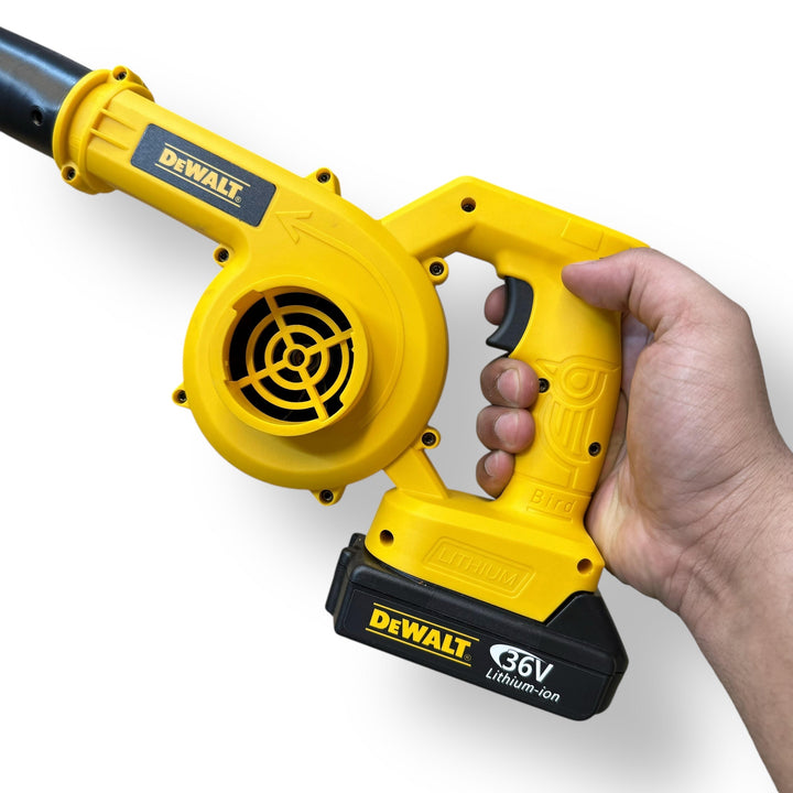 Yellow handheld cordless DeWalt Rechargeable Air Blower with black battery pack for yard cleanup