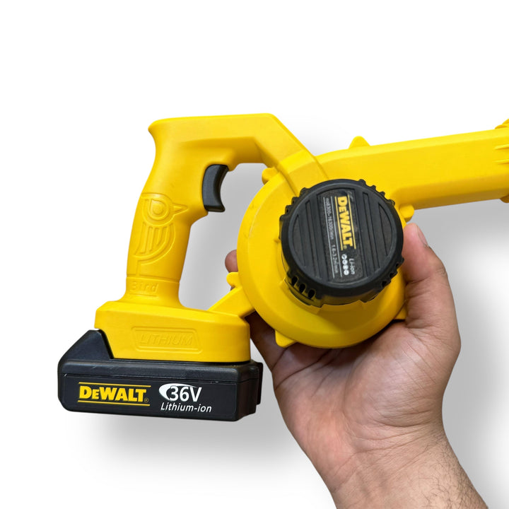 Yellow and black DeWalt Rechargeable Air Blower with 36V Lithium-ion battery