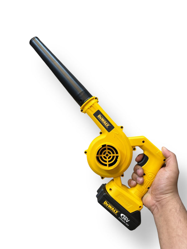Yellow and black DeWalt rechargeable air blower with detachable battery for powerful leaf blowing