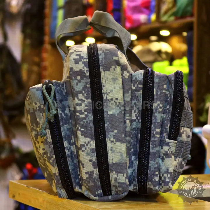 Digital camouflage laptop utility pouch with multiple zippered compartments and handle