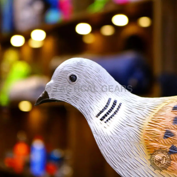 Realistic textured dove decoy with white and orange-brown plumage and black markings