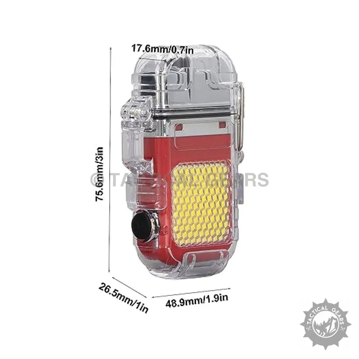 Red and clear waterproof dual arc lighter with COB light and integrated flashlight