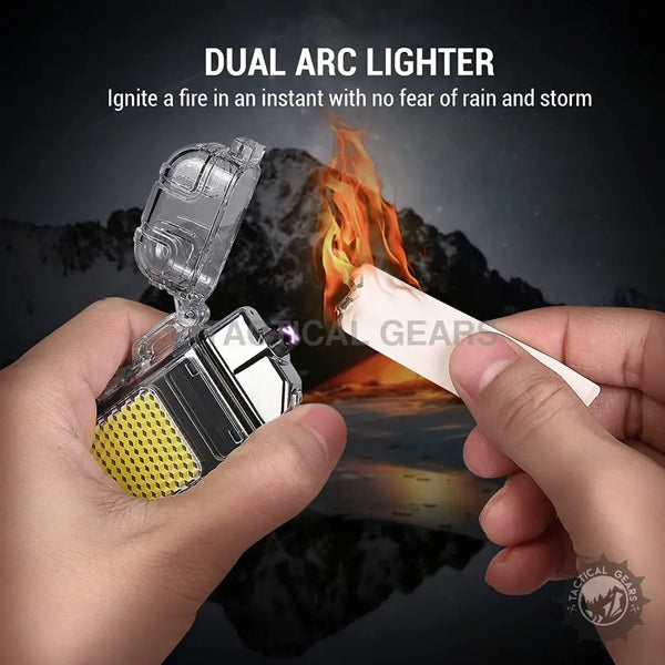 Dual arc lighter with COB light and protective cap igniting a white fire starter in Pakistan