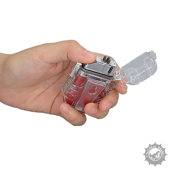 Hand holding a waterproof dual arc lighter with COB light and red fuel chamber in Pakistan
