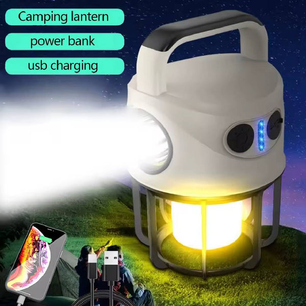 White Dual Light Camping Lantern with Spotlight Area Light Power Bank and USB Charging
