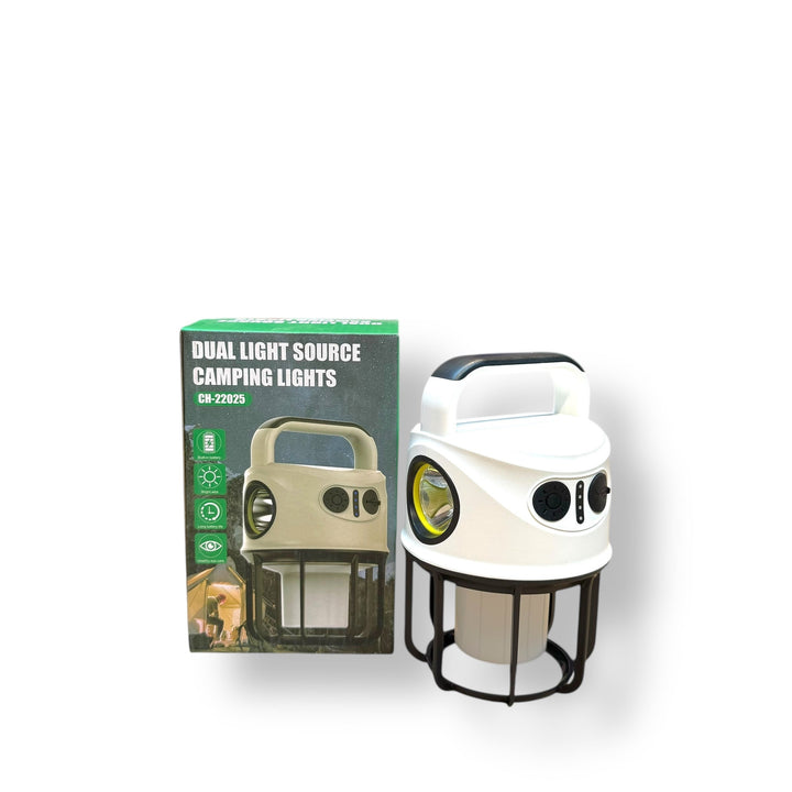 White dual light camping lantern with black handle and protective cage for outdoor light camping