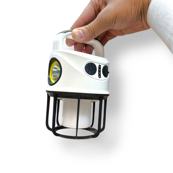 White and black Dual Light Camping Lantern with handle, flashlight, and control buttons for outdoor lighting