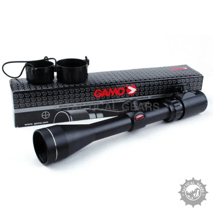 Black GAMO 3-9X40 Red/Green Illuminated Rifle Scope with Lens Caps and Packaging