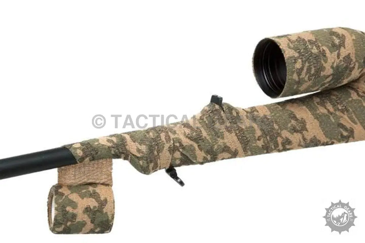 Camouflage-wrapped rifle with scope featuring Stealth Camo-Tape for concealment