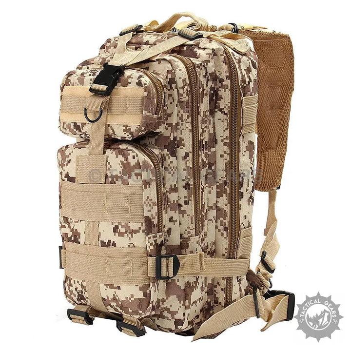 Desert digital camouflage TacGear 30L Backpack with mesh straps and durable nylon in beautiful Oxford colors