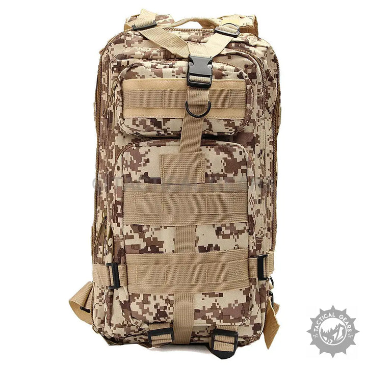 TacGear 30L Backpack with desert camouflage, mesh straps, durable nylon, and beautiful oxford colors
