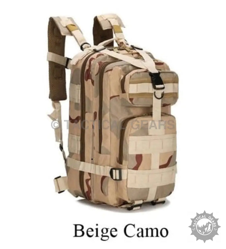Beige camouflage TacGear 30L Backpack with mesh straps and durable nylon in beautiful Oxford colors