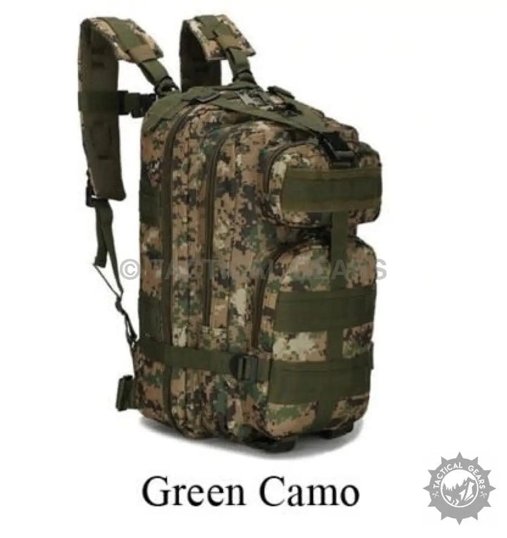 Green camouflage TacGear 30L Backpack with mesh straps, durable nylon, and beautiful Oxford colors