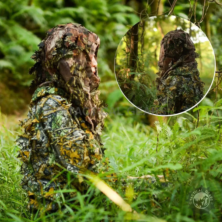 Camouflage leafy hooded jungle outfit for easy concealment and hunting concealment