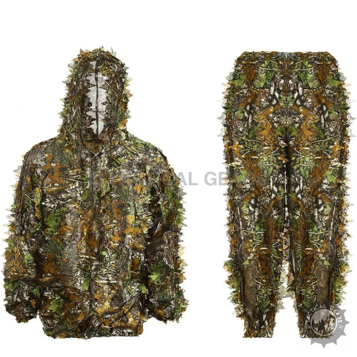 Camouflage leafy hooded jungle outfit with easy-to-wear ghillie jacket and pants