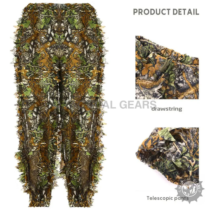 Camouflage leafy ghillie suit with easy drawstring waist and telescopic ankles for jungle hunting