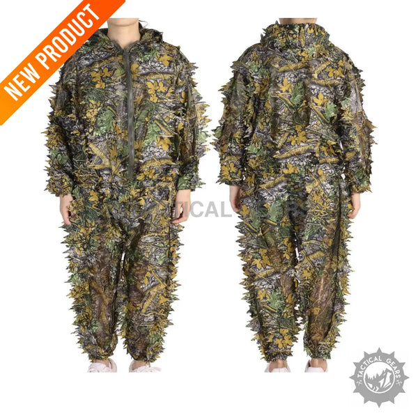 Full-body camouflage ghillie suit with leafy 3D pattern for easy jungle concealment