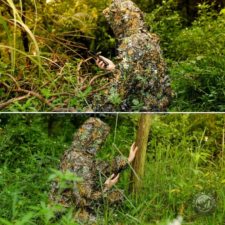 Camouflage leaf suit for outdoor concealment in Leafy Hooded Camouflage Jungle Outfit