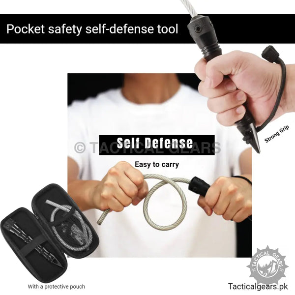 EDC portable self-defense tool with strong grip pointed end flexible cable and pouch