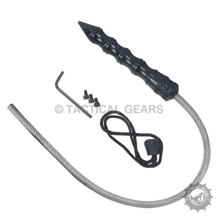 EDC portable self-defense tool with pointed tip, ribbed grip, steel cable, screws, and lanyard