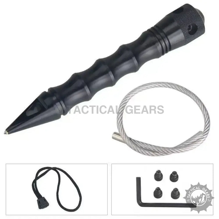 EDC portable self-defense tool with pointed tip, ribbed grip, lanyard hole, accessories