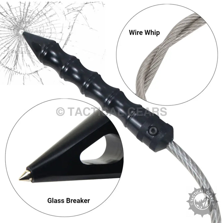 EDC portable self-defense tool with glass breaker wire whip and pointed end for safety