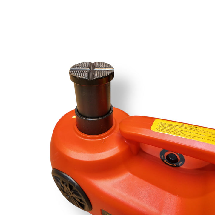 Orange hydraulic car jack with grooved saddle in Electric Car Jack Tool Set Heavy Duty