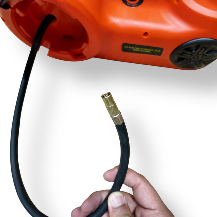 Orange portable air compressor with flexible hose for Electric Car Jack Tool Set heavy duty