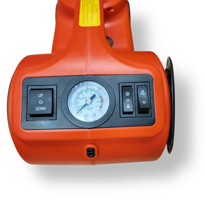 Orange electric car jack tool set with air compressor and pressure gauge for heavy duty repair