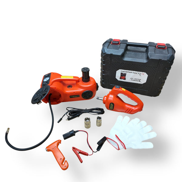 Orange electric car jack and wrench set with accessories for heavy-duty car maintenance